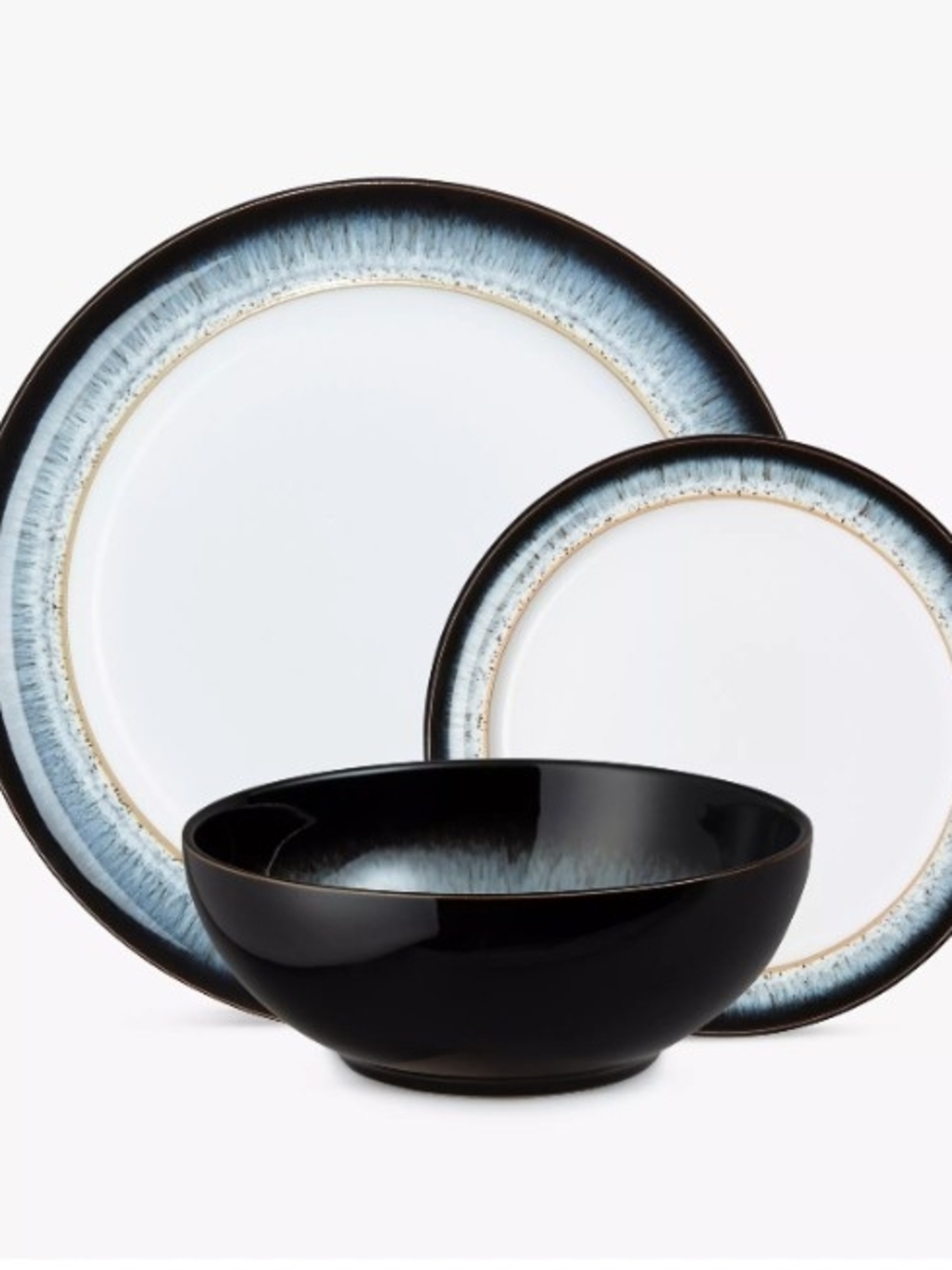 Denby England Halo Black Stoneware Dinnerware with Blue Ombre Rim